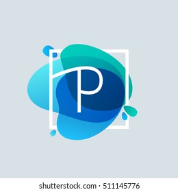 P letter logo in square frame at blue watercolor splash background. Vector ecology typography for your posters, invitations, cards. 