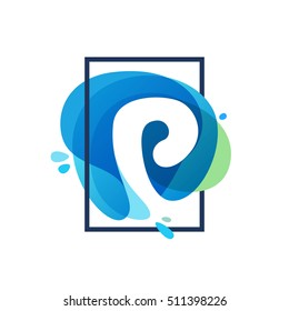 P letter logo in square frame at blue watercolor splash background. Vector ecology typography for your posters, invitations, cards. 