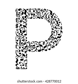 P letter made of musical notes on white background. Alphabet for art school. Trendy font. Graphic decoration.