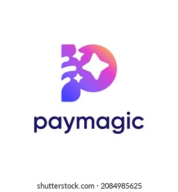  P Letter with Magic Wand and Stars Spark Logo Design Vector