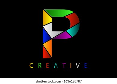 P letter in many colors with broken glass effect. Shattered letter with falling pieces vector illustration for logo, monogram, label, cover, emblem, company name, glass business, firm sign or web page