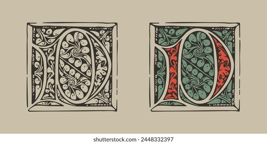 P letter medieval Gothic initial illuminated by foliage ornament. Engraved German drop cap. Dark age hand painted emblem. Classic Latin alphabet font based on XV century embellishment manuscript.