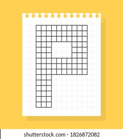 P letter on notepad sheet of squared paper, made of squares. Vector illustration