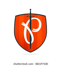 P letter on the sword and shield. Font style, vector design template elements for your application or corporate identity.