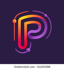 P letter one line with atoms orbits colorful logo. Abstract trendy multicolored vector design template elements for your application or corporate identity.