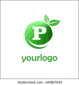 P letter organic market logo. Eco green food brand identity. Fresh apple with letters in a circle with leaves.