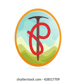 P letter outdoor logo formed by rope with axe. Mountain hiking themed vector elements.