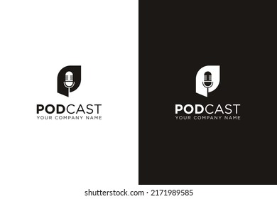 P Letter Podcast or Radio Logo design using Microphone . Studio table microphone with broadcast text podcast. Webcast audio record concept logo.