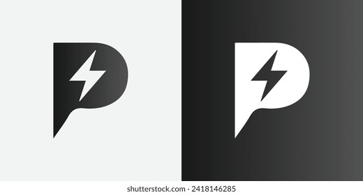 P letter power electric bolt logo design, black and white p logo