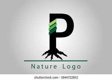 P Letter with root and leaves. Logo Design with Green Leaves on a Branch. Nature concept symbol. Eco and Organic Letter Vector Illustration.