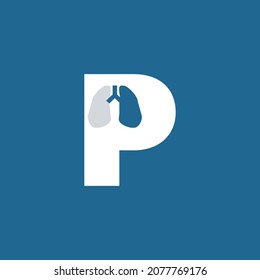 Logo de la letra P con símbolo pulmonar.  Diseño de iconos conceptuales médicos. Diseño del logo del vector del concepto de enfermedad pulmonar obstructiva crónica 