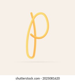 P letter spaghetti design. Vector hand draw realistic food font. Isolated Italian pasta for tasty poster, restaurant identity, gourmet element and more