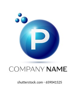 P Letter splash logo. Blue dots and circle bubble letter design on grey background. Vector Illustration