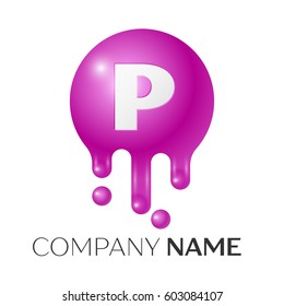 P Letter splash logo. Purple dots and bubbles letter design on grey background. Vector Illustration.