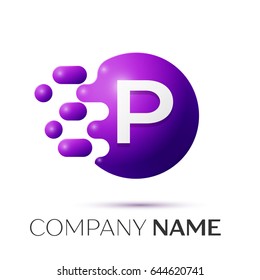 P Letter splash logo. Purple dots and circle bubble letter design on grey background. Vector Illustration