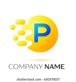 P Letter splash logo. Yellow dots and circle bubble letter design on grey background. Vector Illustration