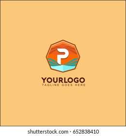 P letter sunset beach and sea logo template