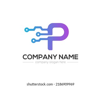 P Letra Tech Logo Design Vector Template. P Letra Icon Design con símbolo de conexión de circuito digital.