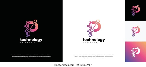 Plantilla de diseño de logotipo de tecnología de letras P. Plantilla de logotipo de conexión de tecnología de letras P.