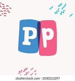 P letter typewriter-inspired logo with bold slab serif letters in colorful frames. Hand-drawn style font for cool lettering with multiply effects, sale stickers, or blog headlines.