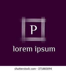 P letter vector logo with square calligraphic border (icon, sign, symbol, monogram)