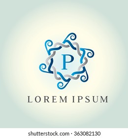 P letter vector logo template (sign, symbol, emblem, ornament). Tracery logo. Wave ornament dynamic logo.