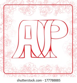 A and P letters, hand drawn illustration of a monogram surrounded by a floral frame with orchids