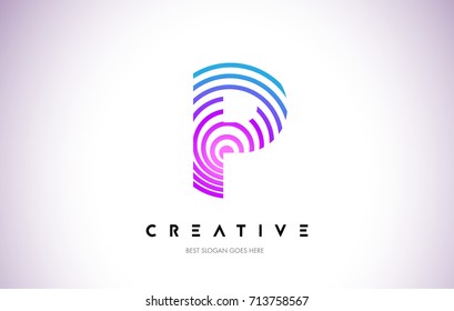 P Lines Warp Logo Design.Vector Letter Icon Made with Purple Circular Lines.