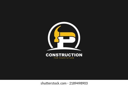 P logo construction vector for woodworking company. initial letter hammer template vector illustration for your brand.