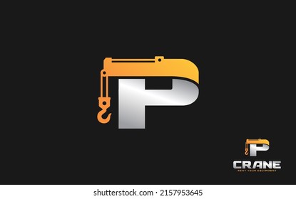 Grúa con el logo P para la empresa de construcción. Ilustración vectorial de la plantilla de equipo pesado para su marca.
