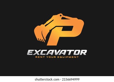 P logo excavator for construction company. Heavy equipment template vector illustration for your brand.