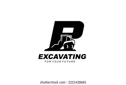 P logo excavator for construction company. Heavy equipment template vector illustration for your brand.
