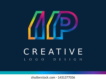 I P Logo. IP Letter Design Vector with Magenta blue and green yellow color.