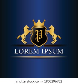 P logo Retro golden crest with shield and two horses. Can be used as logo, emblem or banner for luxury, royal or vintage design concept.