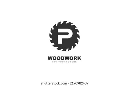 P logo sawmill vector for woodworking company. initial letter carpentry template vector illustration for your brand.