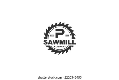Vector de aserradero del logo P para la empresa de maderería. ilustración vectorial de plantilla de carpintería de letras iniciales para su marca.
