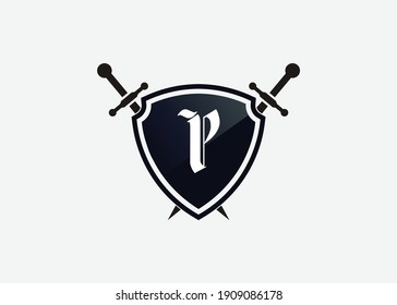 P logo shield sword logo, emblem or banner for luxury, royal or vintage design concept.