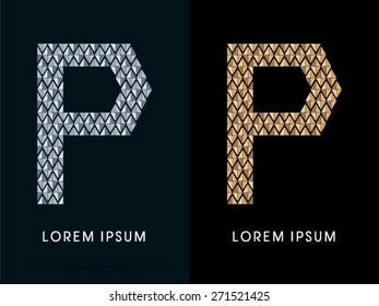 P ,Luxury Abstract Jewelry Font, designed using gold and silver colors geometric shape on dark background, sign ,logo, symbol, icon, graphic, vector.