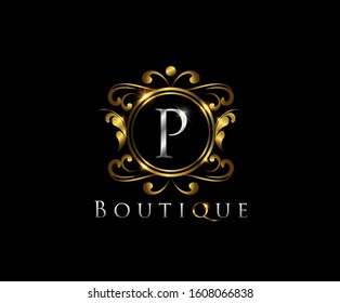 P Luxury Boutique Logo Icon,  P Letter   With Golden Shine On Classy Badge Design.  