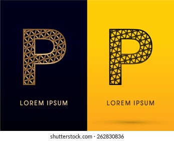 P ,Luxury font, designed using gold and black triangle geometric shape. on dark and yellow  background, sign ,logo, symbol, icon, graphic, vector.