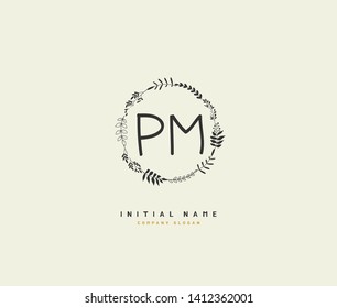 P M PM Beauty vector initial logo, handwriting logo of initial wedding, fashion, jewerly, heraldic, boutique, floral and botanical with creative template for any company or business.