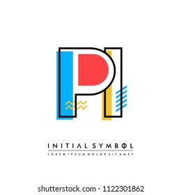 P I Memphis letter style, initial logo template vector full color.