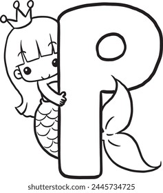 P mermaid cartoon doodle coloring page