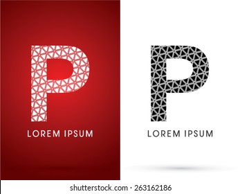 P ,Modern font, designed using white and black triangle geometric shape. on red and white background, sign ,logo, symbol, icon, graphic, vector.