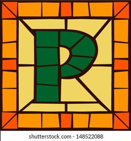 P- Mosaic alphabet capital letters, stained glass windows with frame or tile design, vector illustration