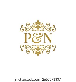 P N initials logo ornament gold. Letter BD wedding ampersand or business partner symbol