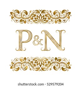 P and N vintage initials logo symbol. The letters are surrounded by ornamental elements. Wedding or business partners monogram in royal style.