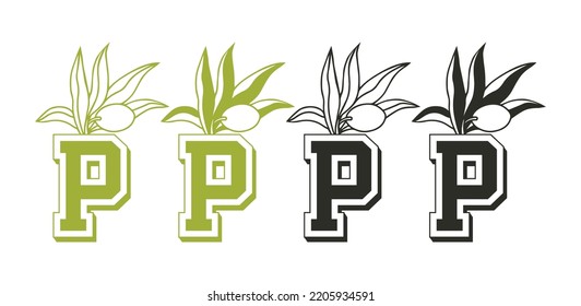 P Olive Tree Logo Vector Icon Symbol Template. Olive Vector Illustration. P Olive Oil Vector