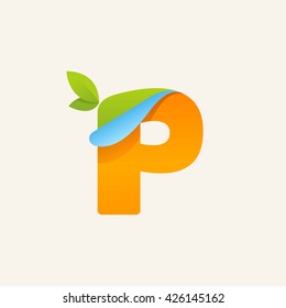 P paper letter logo with green leaves icon and folded corner. Vector paper style typeface. Ecology letter for card, app icon, corporate identity, label or poster.