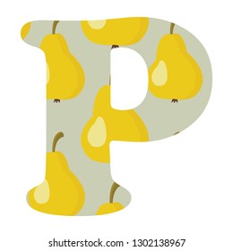 P- pear vector cute letter. Vector fruit alphabet. 